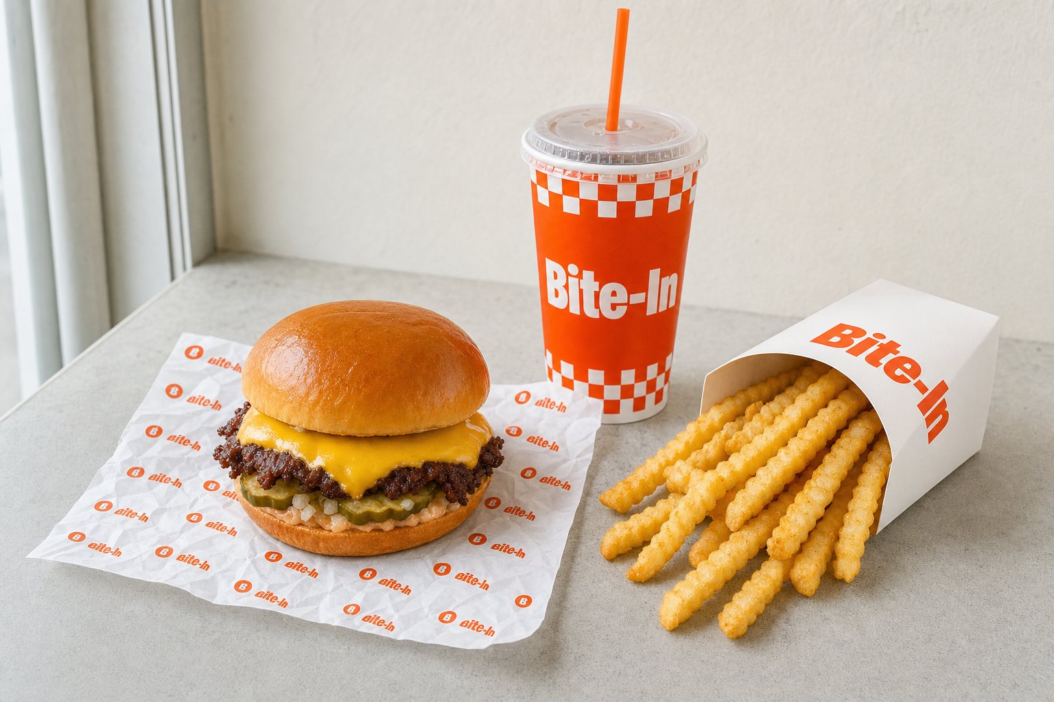Bite-In combo meal: burger, fries and a drink in branded orange packaging
