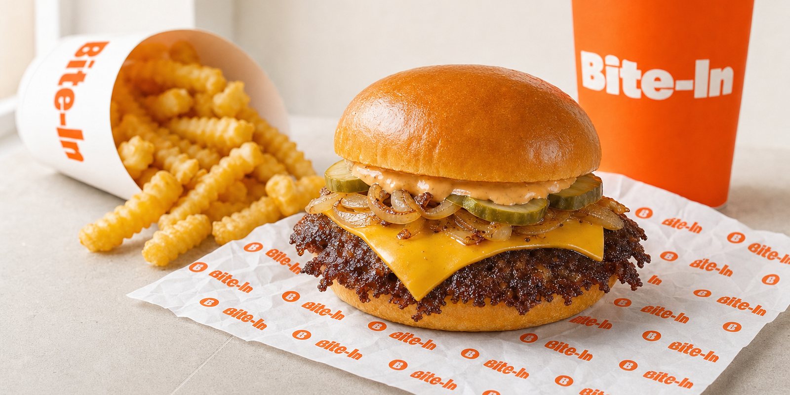 A Bite-In smashed cheeseburger in branded orange packaging